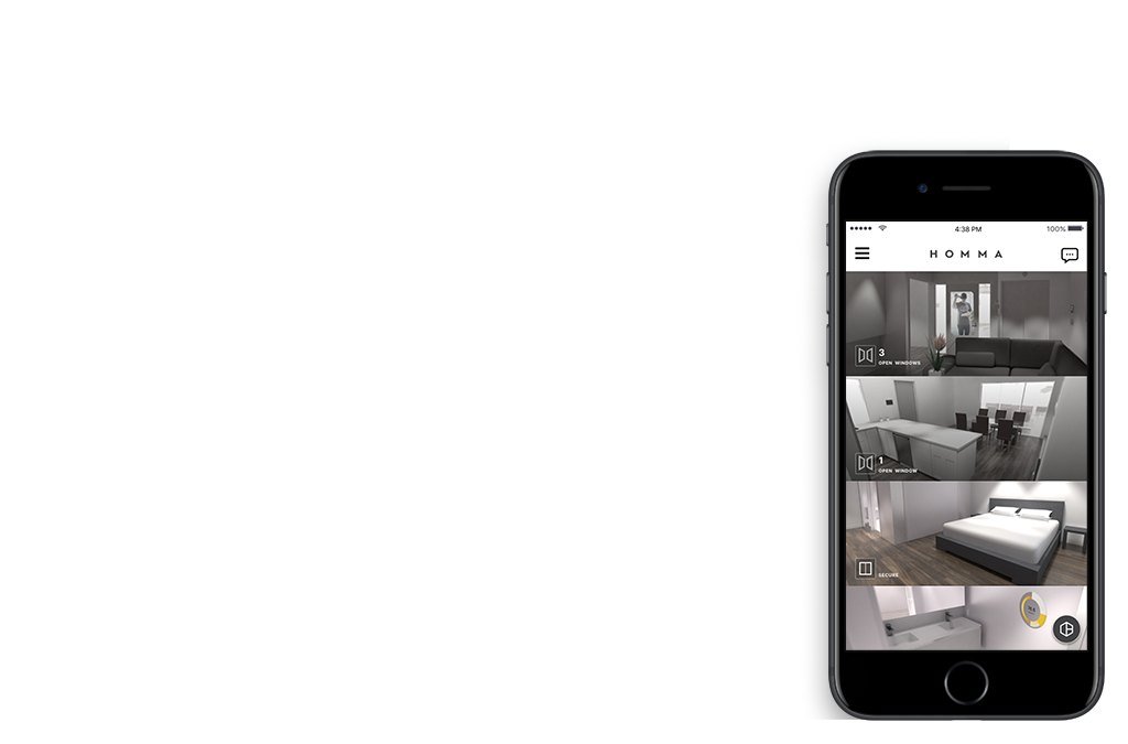 HOMMA app showing multi-room camera views
